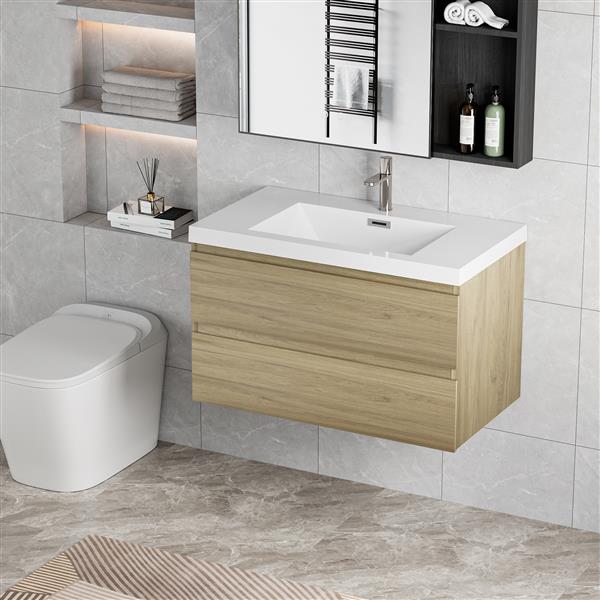 36" Floating Bathroom Vanity with Sink, Modern Wall-Mounted Bathroom Storage Vanity Cabinet with Resin Top Basin and Soft Close Drawers, Natural Oak 24V11-36NO