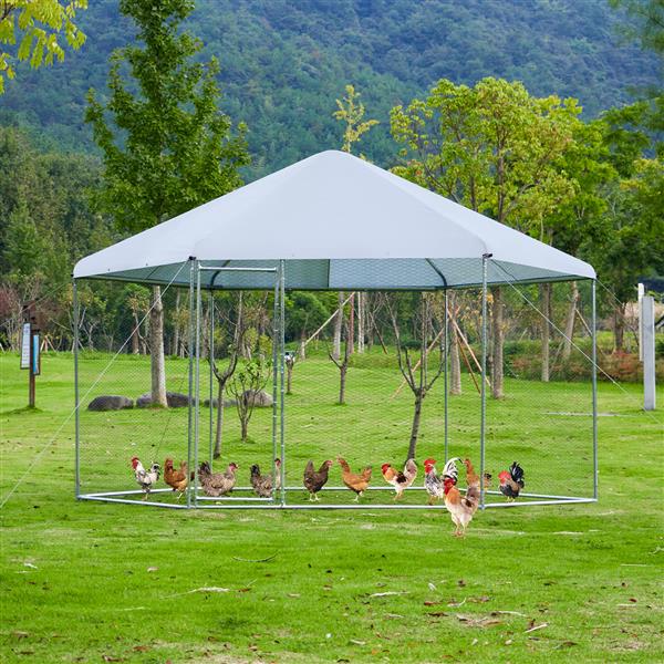 Large metal chicken coop hexanal, steel wire dipped plastic mesh, oxford cloth silver plated waterproof and UV resistant, ducks, rabbits, sheep and birds outdoor house.(13.1*8.6ft)