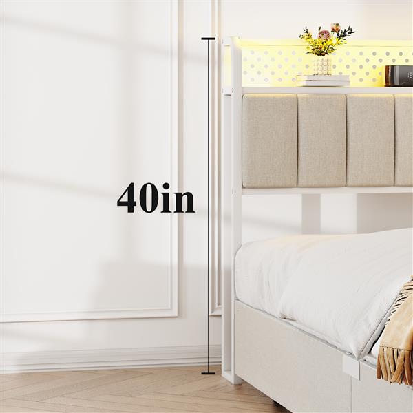 Queen Size Platform Bed with 4 Drawers, Metal Bed Frame with LED Lights and Charging Station, No Box Spring Needed, (Beige),  Noise Free,Easy Assemble.