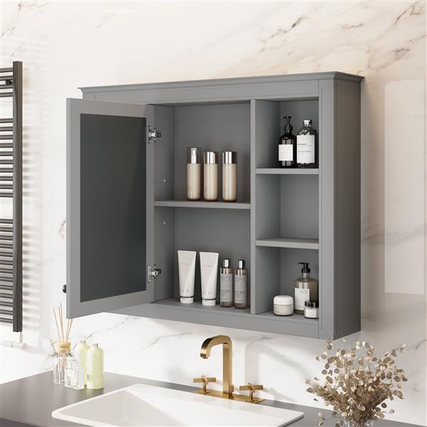 35'' x 27.5'' Medicine Cabinet, Wall Mounted Bathroom Storage Cabinet, Modern Bathroom Wall Cabinet with Mirror, Mirror Cabinet with 6 Open Shelves (Not Include Bathroom Vanity )