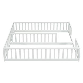 Double Twin Floor Bed with Fence, Guardrails, without door, White