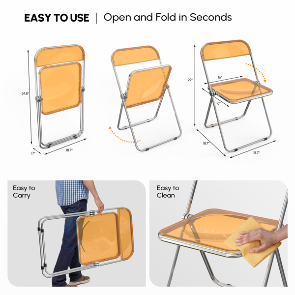 2pcs Foldable Patio Plastic Folding Chairs Orange Transparent