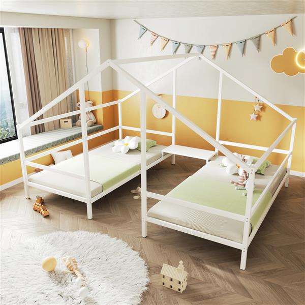 Metal Double Twin Size Triangular House Beds with Built-in Table, White