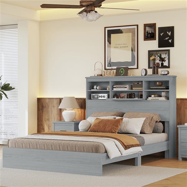 Queen Size Vintage Platform Bed,With Storage Headboard and Charging Station, Light Gray