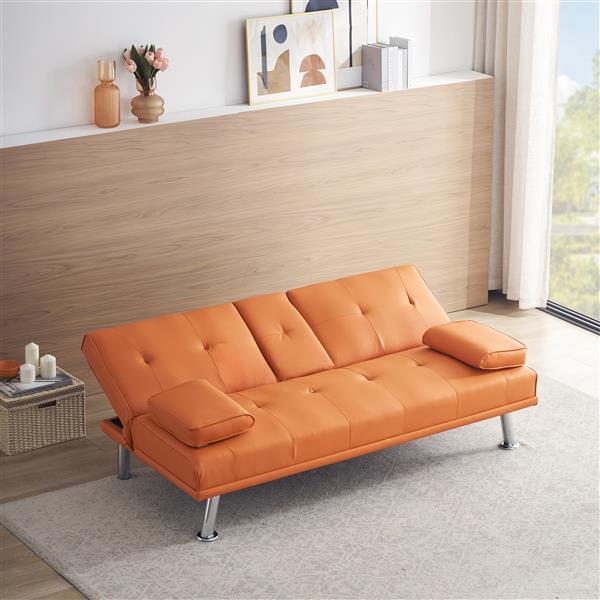 67" Orange Leather Multifunctional Double Folding Sofa Bed for Office with Coffee Table