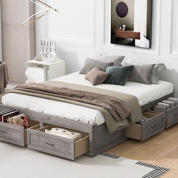 Queen Size Platform Bed with 6 Storage Drawers,Antique Gray