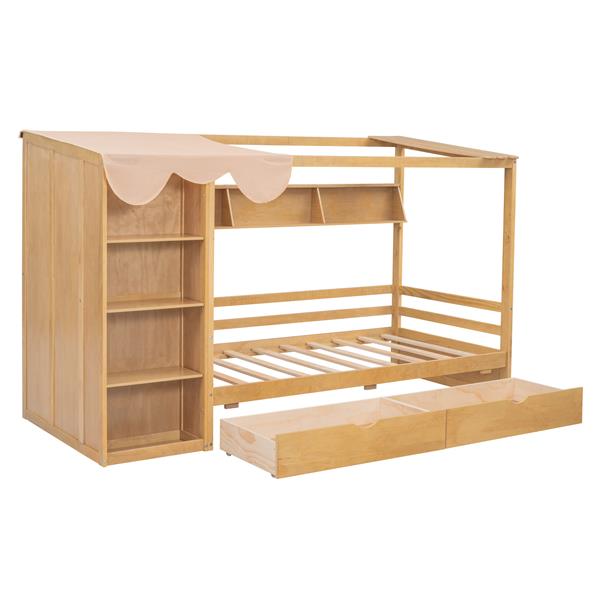 Twin size House Bed with Two Drawers and Wardrobe,Natural