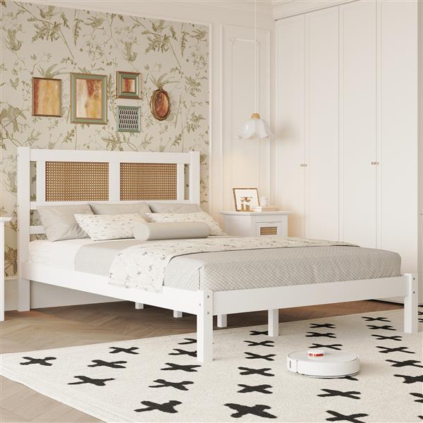 Full Size Wooden Platform Bed with Natural Rattan Headboard, Exquisite Elegance with Minimalist Charm for Bedroom, White