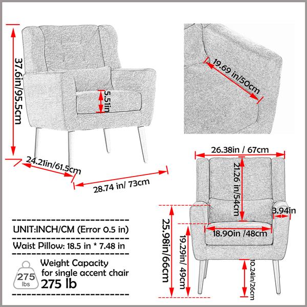 Modern Chair,Chenille Arm Chairs for Living Room,Upholstered Mordern Armchair,Comfy Soft Padded Lounge Chair in Small Space, Bedroom, w/Pillow, Solid Wood Leg (Dark Blue)