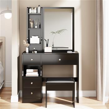 Small Space Left Drawer Desktop Vanity Table + Cushioned Stool, Extra Large Right sliding mirror, Multi Layer High Capacity Storage, Practical Fashionable Dresser, Suitable for Girls Up To 5.6ft Tall