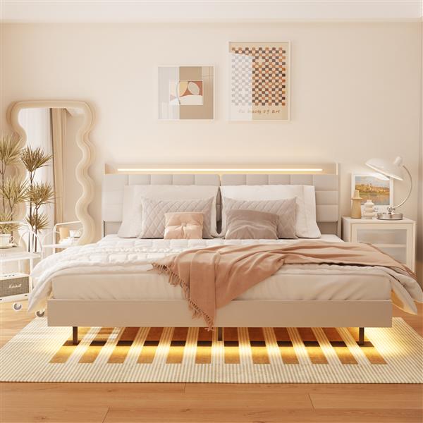 Queen Floating Bed Frame with LED Light and Charging Station Upholstered Platform Bed Frame Queen Size with Headboard and Hidden Storage Space, No Box Spring Needed, Beige