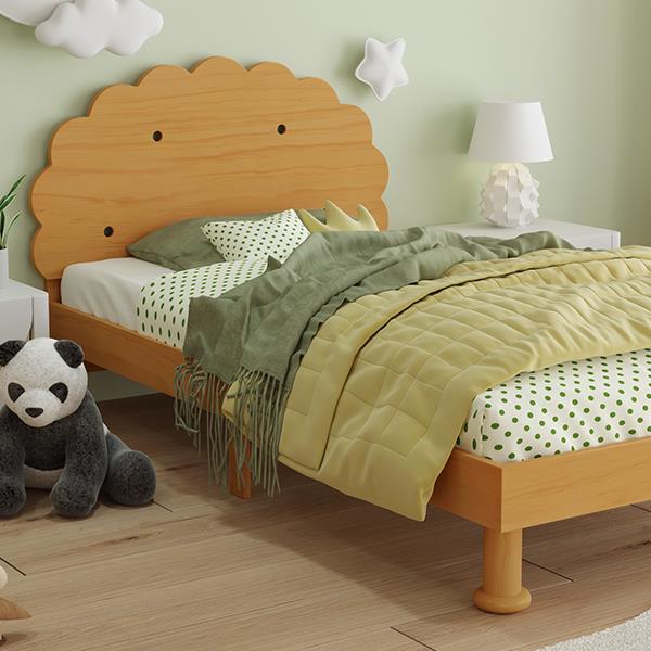 Kids Cookie-Shaped Bed Frame for Boys & Girls,Twin Size Platform Bed, Walnut