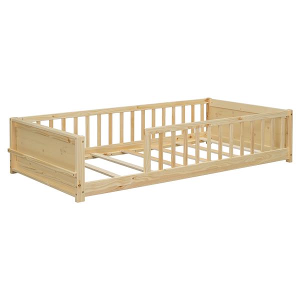 Twin size Floor Platform Bed with Built-in Book Storage Rack,Natural