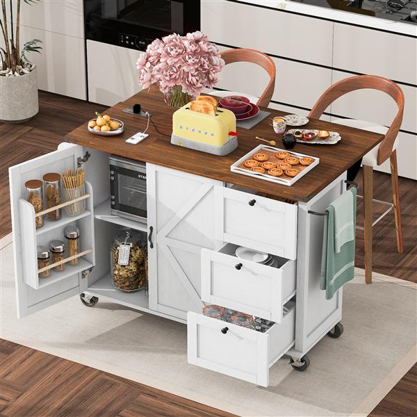 54.5" Farmhouse Kitchen Island with Power Outlet, Kitchen Storage Island  with Internal Storage Rack, Drop Leaf, Spice Rack, Rolling Kitchen Cart on Wheels, for Home, Kitchen and Dining Room,White