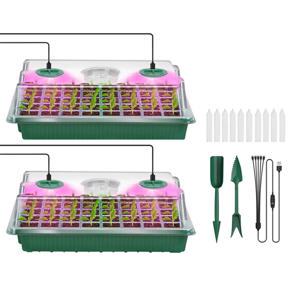 2Pcs 40 Cells Seed Starter Tray Plant Grow Light with 4 Adjustable Brightness Automatic Timing Setting Humidity Dome Plant Germination Garden(No shipments on weekends)