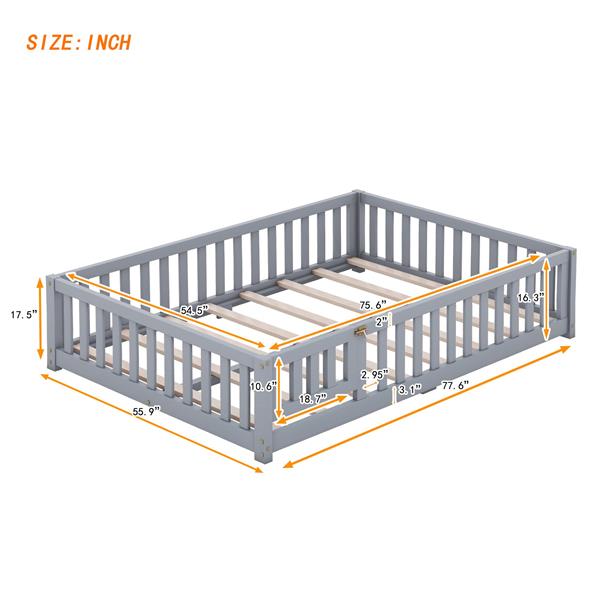 Full Size Bed Floor Bed with Safety Guardrails and Door for Kids, Gray