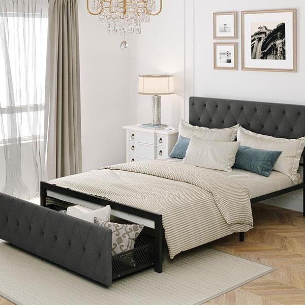 Full Size Storage Bed Metal Platform Bed with a Big Drawer - Gray