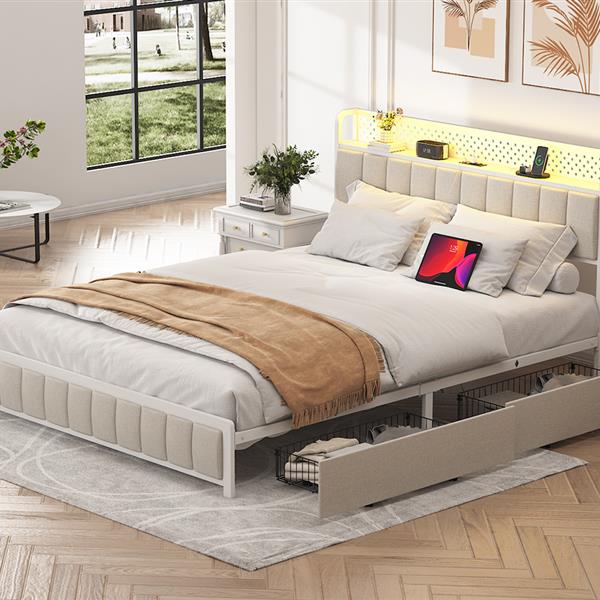 Queen Size Platform Bed with 4 Drawers, Metal Bed Frame with LED Lights and Charging Station, No Box Spring Needed, (Beige),  Noise Free,Easy Assemble.