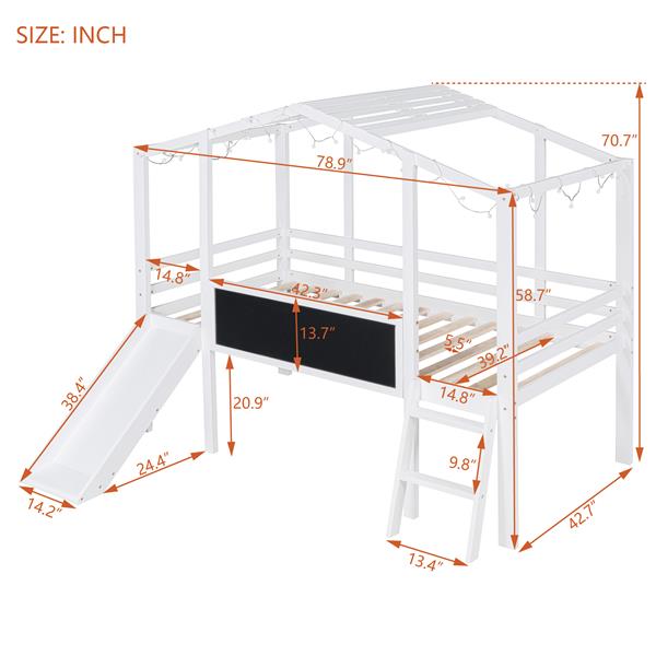 Twin Size Loft Bed with Ladder and Slide, House Bed with Blackboard and Light Strip on the Roof, White