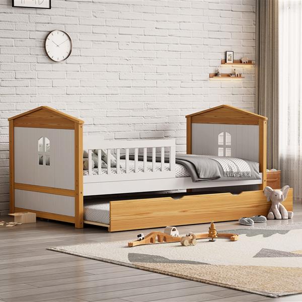 Twin Size House Shape Bed with Trundle Wooden Bed for Girls Boys Teens, No Box Spring Needed, Walnut and White