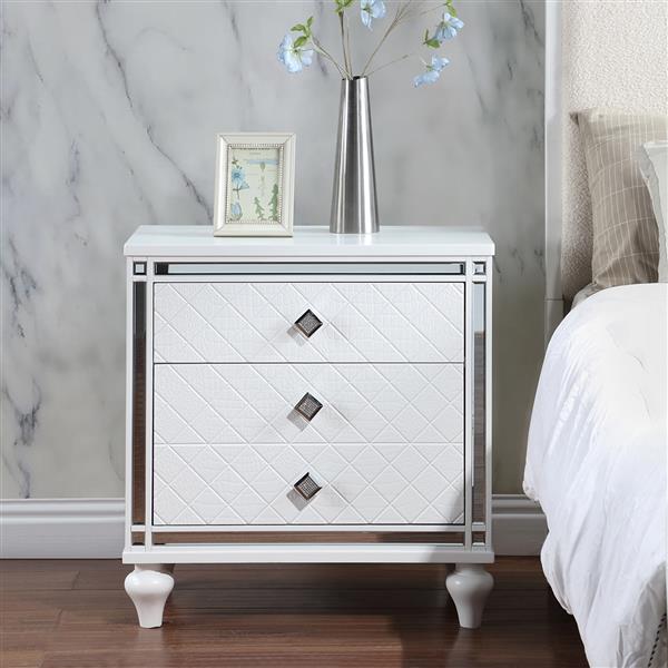 Contemporary Nightstands with mirror frame accents, Bedside Table with two drawers and one hidden drawer, End Table with Crystal Pull for Living Room,Bedroom, White