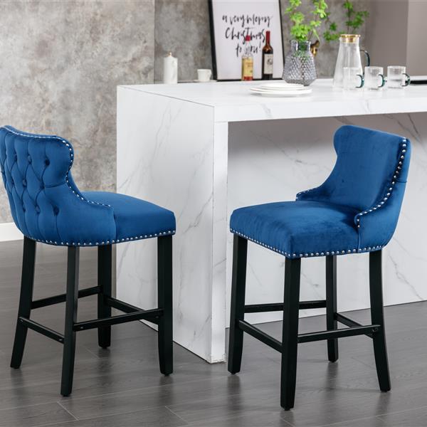 Contemporary Velvet Upholstered Wing-Back Barstools with Button Tufted Decoration and Wooden Legs, and Chrome Nailhead Trim, Leisure Style Bar Chairs,Bar stools,Set of 4 (Blue),SW1824BLx2 cartons