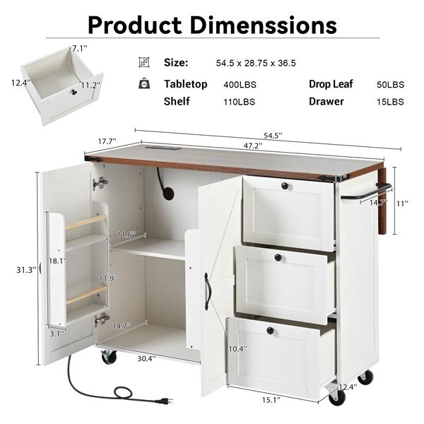 54.5" Farmhouse Kitchen Island with Power Outlet, Kitchen Storage Island  with Internal Storage Rack, Drop Leaf, Spice Rack, Rolling Kitchen Cart on Wheels, for Home, Kitchen and Dining Room,White