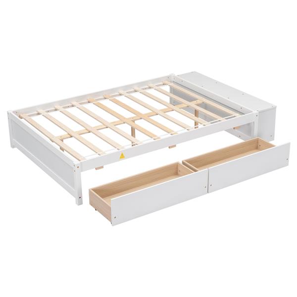 Full Size Bed with Storage Case, 2 Storage drawers, Lengthwise Support Slat,White