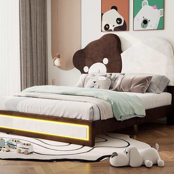 Full Size Upholstered Platform Bed with Bear Shaped Headboard, LED Light Strips, White + Brown