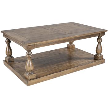 Rustic Floor Shelf Coffee Table with Storage,Solid Pine Wood