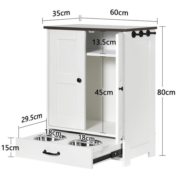 Dog Feeding Station, Dog Food Storage Cabinet with Hidden Dog Bowls, Adjustable Panel, Hooks, for Medium Sized Dogs, White