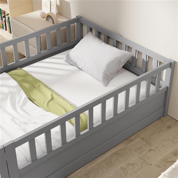 Twin Size Floor bed, integral construction with super high security barrier, door, children's floor bed frame, Montessori wooden children's floor bed, Support slat Grey