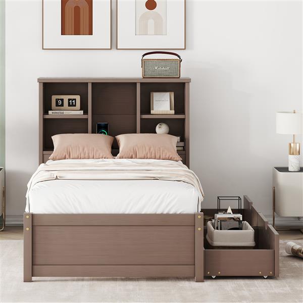 Modern Twin Size Bed Frame With Built-in USB Port on Bookcase Headboard and 2 Drawers for Walnut Color