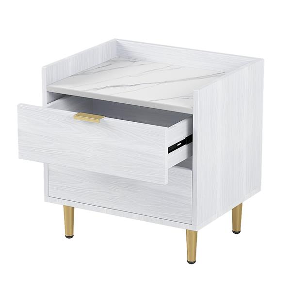 Wooden Nightstand with 2 Drawers and Marbling Worktop, Mordern Wood Bedside Table with Metal Legs&Handles,White