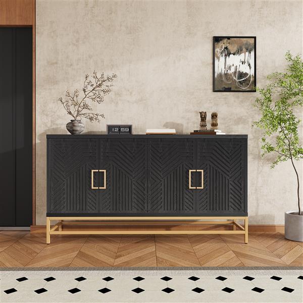 Retro Style Sideboard with Adjustable Shelves, Rectangular Metal Handles and Legs for  Kitchen, Living room, and Dining Room  (Black)