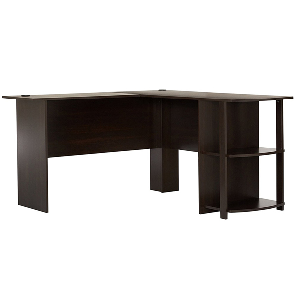 L-Shaped Wood Right-angle Computer Desk with Two-layer Bookshelves Dark Brown