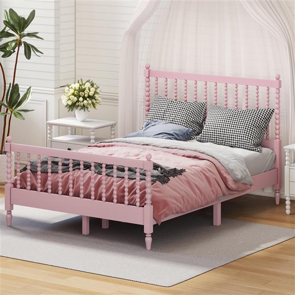 Full Size Wood Platform Bed with Gourd Shaped Headboard and Footboard, Pink