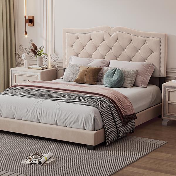 Queen Size Upholstered Bed Frame with Rivet Design, Modern Velvet Platform Bed with Tufted Headboard,Beige