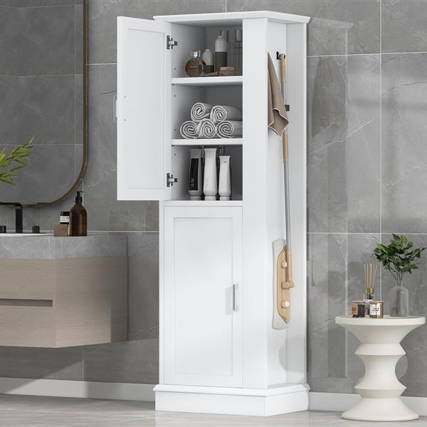 Tall Bathroom Storage Cabinet, Freestanding Storage Cabinet with Hook and Adjustable Shelf, MDF Board, White