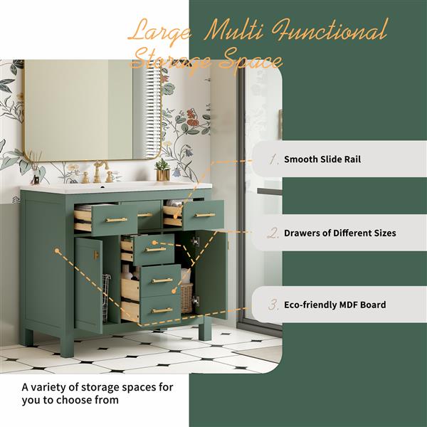 36'' Bathroon Vanity with Resin Sink Combo Set,Modern  Single Bathroom Cabinet with 4 Drawers & 2 Cabinets,Storage Cabinet for Bathroom, Solid Wood Frame Vanity Set, Green