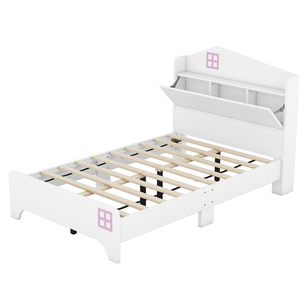 Wooden Twin Size House Bed with Storage Headboard ,Kids Bed with Storage Shelf, White