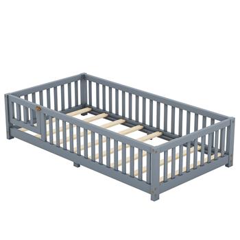 Twin Size Bed Floor Bed with Safety Guardrails and Door for Kids, Gray