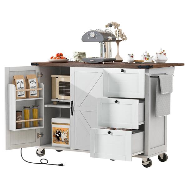 54.5" Farmhouse Kitchen Island with Power Outlet, Kitchen Storage Island  with Internal Storage Rack, Drop Leaf, Spice Rack, Rolling Kitchen Cart on Wheels, for Home, Kitchen and Dining Room,White