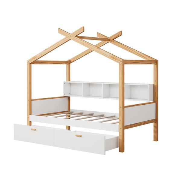 White Twin Size Wooden House Bed Original Wood Colored Frame with Two Drawers and Bookshelf Storage Space for Children or Guest Room