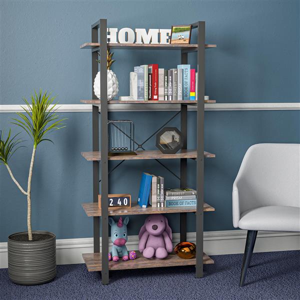 5-Shelf Vintage Industrial Rustic Bookshelf, 5 Tier Wood and Metal Bookcase, Open Etagere Book Shelf, Farmhouse Wooden Bookshelves, Vintage Brown