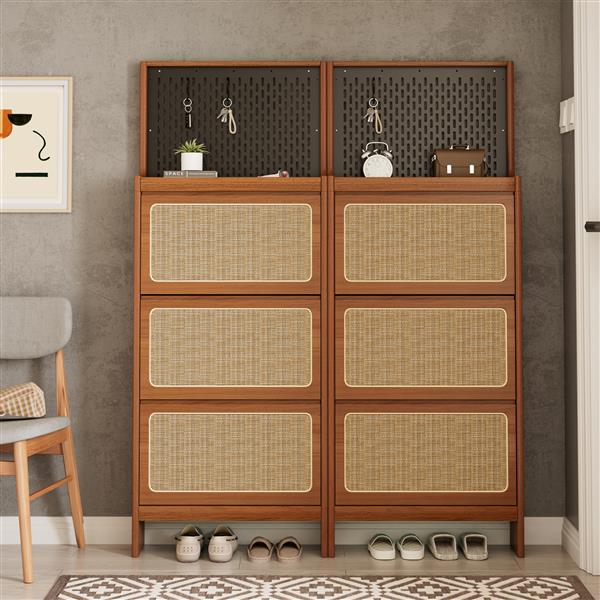 Rattan Shoe Cabinet for Entryway, Free Standing Shoe Rack with 3 Flip Drawers & Black Pegboard, Hidden Narrow Shoe Cabinet for Entrance Hallway, 24.88"W x 7.88" D x 65"H