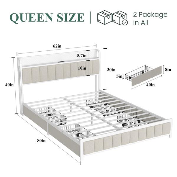 Queen Size Platform Bed with 4 Drawers, Metal Bed Frame with LED Lights and Charging Station, No Box Spring Needed, (Beige),  Noise Free,Easy Assemble.