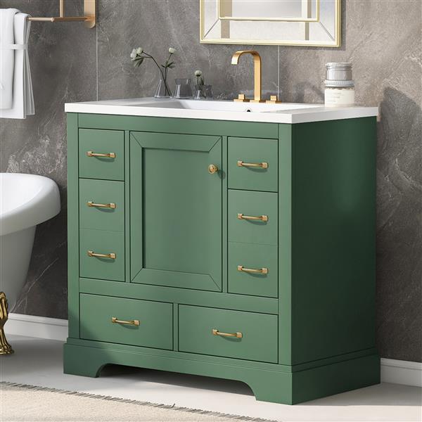 36" Bathroom Vanity with Sink Combo, Six Drawers, Multi-Functional Drawer Divider, Adjustable Shelf, Green