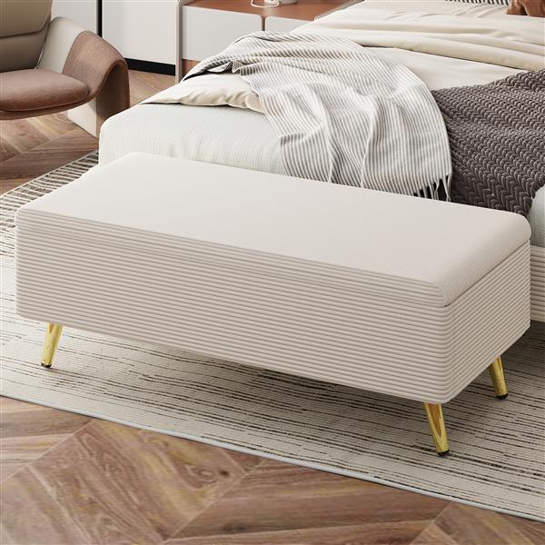 Modern Corduroy Upholstered Ottoman with Metal Legs, Storage Bench for Bedroom,Living Room,Beige