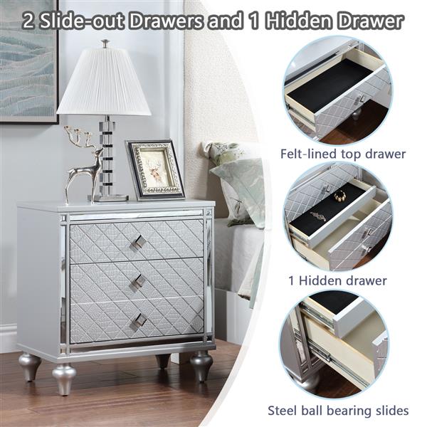 Contemporary Nightstands with mirror frame accents, Bedside Table with two drawers and one hidden drawer, End Table with Crystal Pull for Living Room,Bedroom, Silver